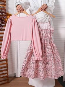 SHEIN Vintaside Kids 2 件套女童休闲罗纹针织开衫，蝴蝶结装饰和简约印花吊带裙，春秋 - 粉色 - 查看 2