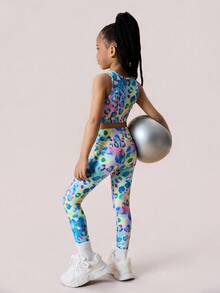SHEIN 2pcs/Set Girls' Tie-Dye Print Crop Top And Leggings Yoga Matching Sets, Comfortable And Skin-Friendly - Multicolor - View 3