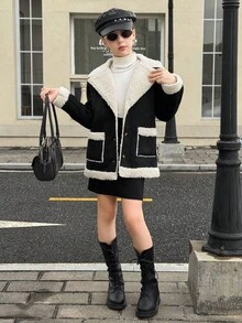 SHEIN 青少年女孩翻领长袖纽扣前开休闲百搭冬季羊毛夹克