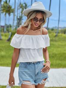 Soleia 一字肩荷葉邊素色襯衫 - 白色 - 查看 3