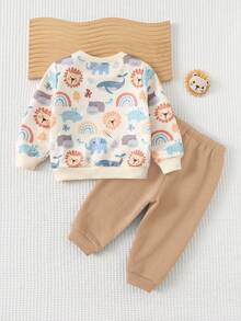 Cozy Pixies 2 pezzi Set di maglioncino girocollo a maniche lunghe e pantaloni in vita elastica con stampa di animali cartoni animati per bambino