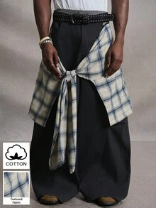 PAVTROS Manfinity Streetrush 男士拼接阔腿裤，可拆卸二合一格子系带设计，纽扣开合，秋冬街头服饰，万圣节服装，INS 街头服饰，男装，男士运动裤，中性风格，说唱歌手服装，男朋友礼物 - 黑色 - 查看 1