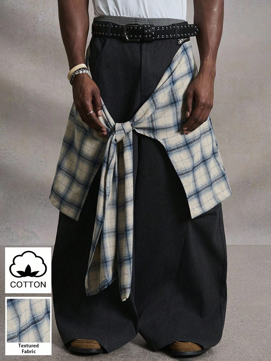 PAVTROS Manfinity Streetrush 男士拼接阔腿裤，可拆卸二合一格子系带设计，纽扣开合，秋冬街头服饰，万圣节服装，INS 街头服饰，男装，男士运动裤，中性风格，说唱歌手服装，男朋友礼物 - 黑色 - 查看 1