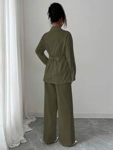 Modelyn 女士梭织领长袖系带棉质修身两件套 - 軍綠色 - 查看 2