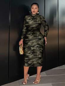 Slaydiva Classic Retro Camouflage Print Fitted Long Sleeve Round Neck Dress, Casual & Suitable For Plus Size, Autumn/Winter Fall - Multicolor - View 3
