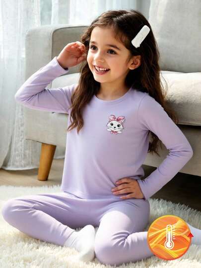 1 Set Young Girl Base Layer, Purple Vibrant Print Stretchy Soft Fabric Long Sleeve Top And Pants Comfortable Matching Outfit, Machine Washable (1 Set Sold Separately) Girls Thermal Underwear Kids Pajamas