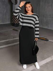 SHEIN Essnce Plus Size Women's Autumn And Winter Fashion Casual Daily Comfortable Black And White Striped Long-Sleeved Loose T-Shirt And Black Vest Long Dress Two Pieces Set,Curve Set,Dress Set,Streetwear For Women,Spring Clothes,Airport Outfit For Women,College Students Outfit - Multicolor - View 5