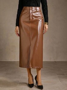 MOTF PREMIUM PU皮革开衩裙 - 咖啡棕 - 查看 7