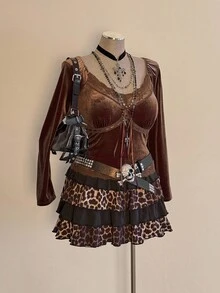 Sunspun 大码撞色蕾丝V领修身弹力T恤，初秋 - 棕色 - 查看 6