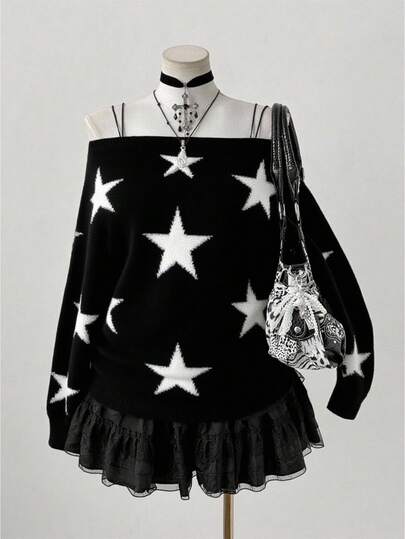 Sunspun เสื้อสเวตเตอร์ถักคอกว้าง แขนค้างคาว ทรงหลวมลาย Pentagram Jacquard สไตล์สตรีทแวร์ Y2K ไซส์ใหญ่สำหรับผู้หญิง ใส่สบาย เหมาะสำหรับฤดูใบไม้ร่วง/ฤดูหนาว และช่วงเปิดเทอม