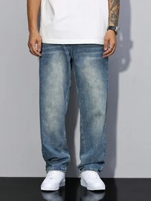 Manfinity Homme 休闲宽松直筒男士宽松牛仔裤纯色深蓝色长直筒洗水牛仔裤洗水工装牛仔裤，适合老公、男朋友的礼物 - 藍色 - 查看 3