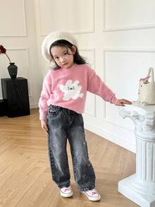 SHEIN Explorewe Girls' Fashionable Casual Heart Embroidery Loose Straight Leg Jeans Fall Winter Girls Heart Jeans Girls Embroidered Jeans - Black - View 3