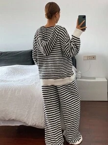 DAZY 2件套女士条纹连帽宽松针织长袖上衣和裤子睡衣套装，秋冬季休闲家居服，秋季服装，舒适保暖内衬，蓬松柔软 - 彩色 - 查看 2
