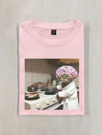 INAWLY Women's Fitted T-Shirt With Funny Cat Chef Graphic, Casual Summer Top