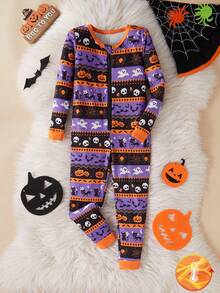 Young Boy Halloween New Snug Fit Knit Purple Skeleton, Pumpkin Lantern, Bat Long Sleeve Jumpsuit Pajamas, Family Matching Kids Halloween Pajamas Snug Fit Fall Winter - Multicolor - View 1