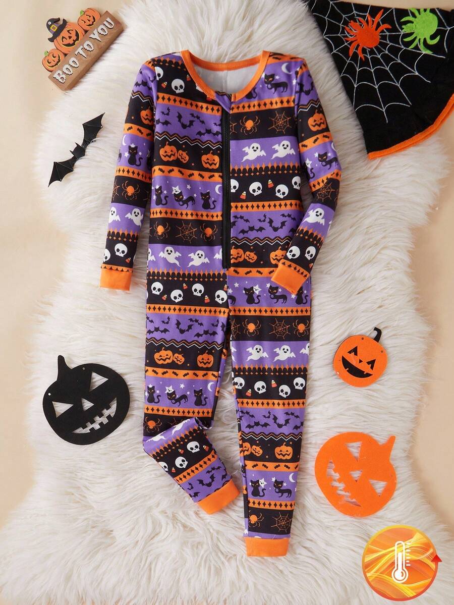 Young Boy Halloween New Snug Fit Knit Purple Skeleton, Pumpkin Lantern, Bat Long Sleeve Jumpsuit Pajamas, Family Matching Kids Halloween Pajamas Snug Fit Fall Winter - Multicolor - View 1