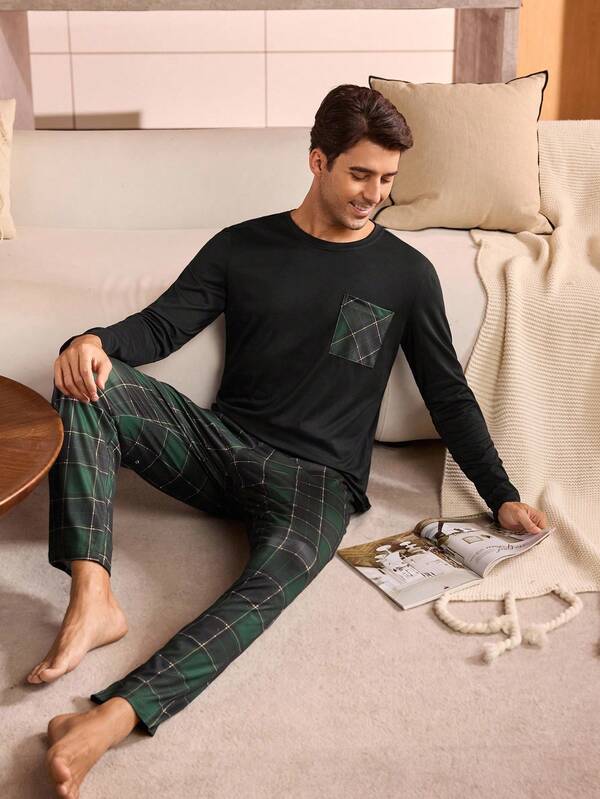 Manfinity Underwear&Sleepwear Basics Plus Size Men's Plaid Pocket Long Sleeve Pajama Set