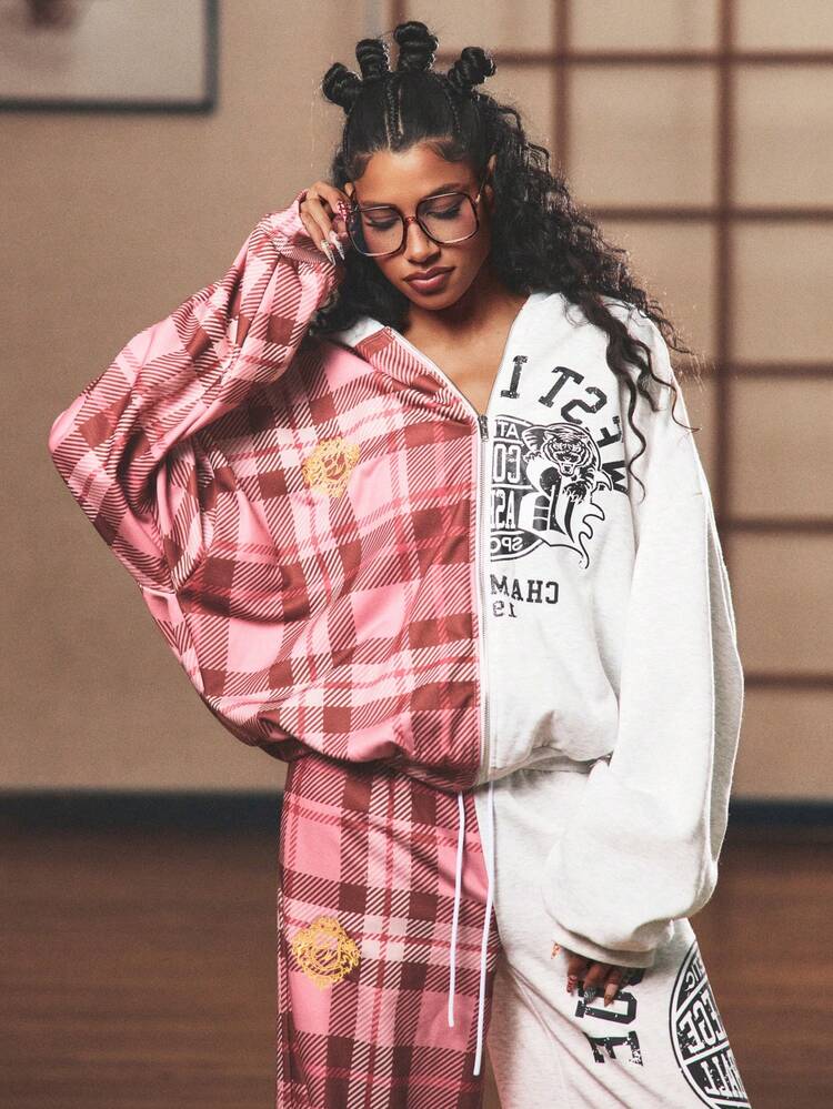 SUMWON WOMEN Split Design Half Zip Sweatshirt With Plaid Pattern