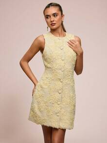 SHEIN BAE Autumn/Winter Women's Textured Floral Jacquard Round Neck Sleeveless Elegant A-Line Suit Dress, Yellow Dress, Yellow Textured Fabric Dress, Party Yellow Dress - Green - View 5