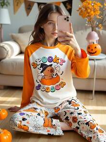 青少年女孩万圣节主题卡通土拨鼠与鬼魂印花睡衣套装，杏色圆领插肩袖上衣，搭配撞色橙色袖子和衣领，杏色裤子，舒适家居服 1 套 - 杏色 - 查看 3