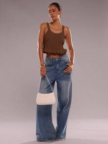 SHEIN BAE Áo len nữ ngắn tay viền ren không tay cho mùa thu/đông - Cà phê nâu - Xem 4