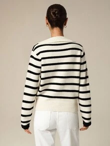Áo thun dệt kim tay dài cổ polo kẻ sọc khối màu cổ điển, đa năng cho mùa thu/đông - Màu be - Xem 2