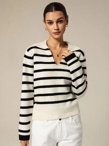 Áo thun dệt kim tay dài cổ polo kẻ sọc khối màu cổ điển, đa năng cho mùa thu/đông - Màu be - Xem 6