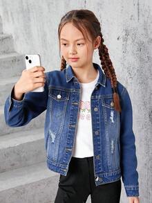 Sparklyn 青少年女孩街头风格破洞细节舒适水洗牛仔夹克，百搭时尚，全年必备单品