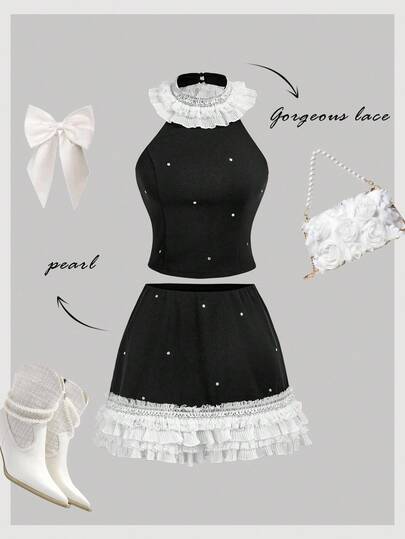 SHEIN MOD 女士优雅水钻撞色荷叶边露背吊带上衣和迷你裙套装，夏季，女士办公室服装，女士万圣节服装，秋冬女士假日服装