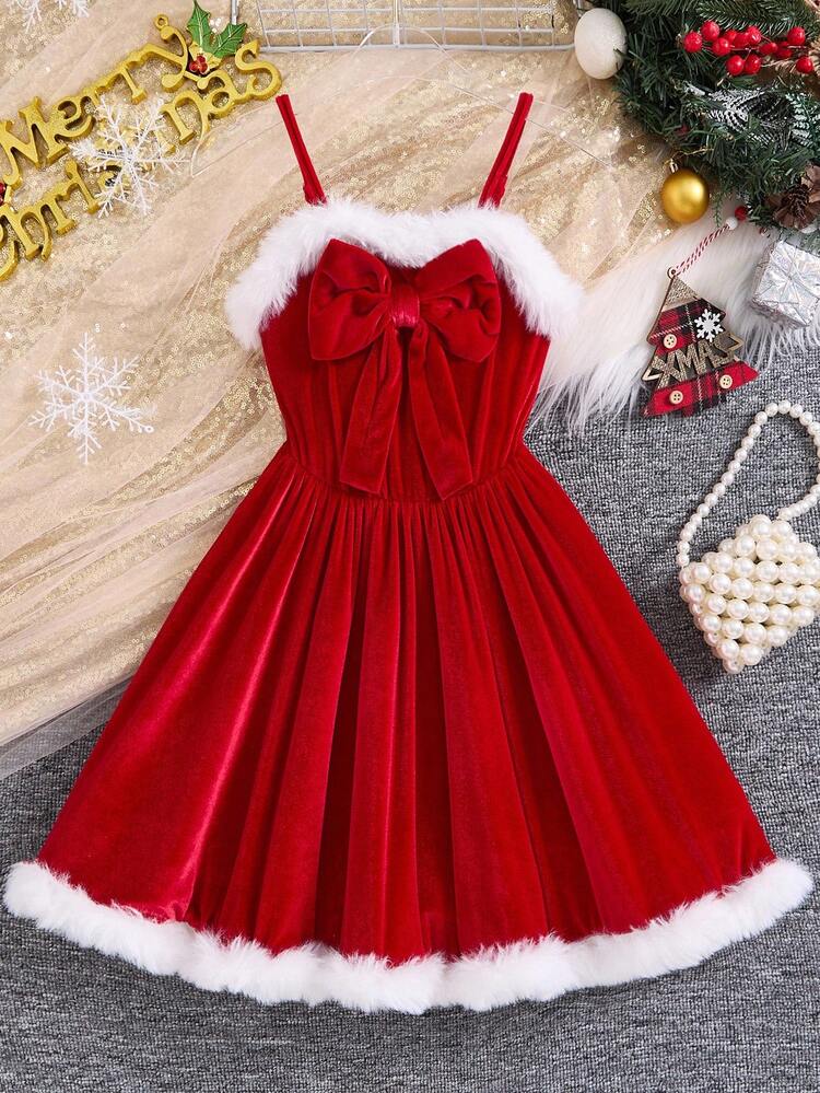 Girls Christmas Dress,Red Spaghetti Strap Velvet & Faux Fur Princess Dress With Big Bow,Autumn 7th Birthday Party Casual Mother-Daughter Matching