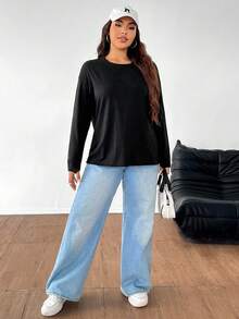 SHEIN EZwear Plus Size Women's Solid Color Round Neck Loose Long Sleeve Casual T-Shirt, Spring/Summer - Black - View 6