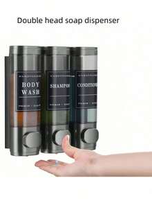 SHEIN 香皂浴室淋浴，室内液体皂、乳液和凝胶分配器，壁挂式无孔，透明棕色带标签锁，适用于浴室、淋浴、厨房，黑色、深灰色，两瓶装、三瓶装，300毫升/瓶，洗发水和沐浴露盒，壁挂式无孔皂液器，酒店洗手液按压瓶返校