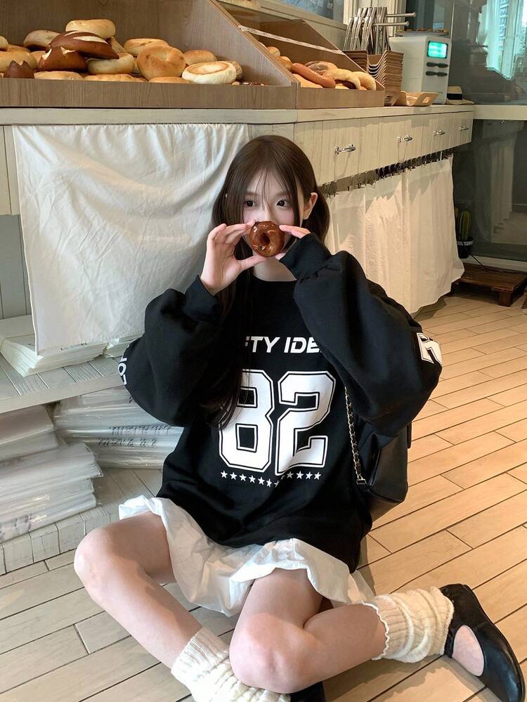 Women's Casual Loose Fit Letter Print Long Sleeve Sweatshirt, Street Style Korean Fashion Fall/Winter