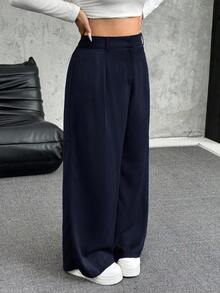 SHEIN EZwear 秋冬大码纯色褶皱阔腿宽松休闲裤 - 藏蓝色 - 查看 3