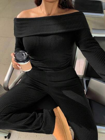 SHEIN EZwear Plus Size Casual & Homewear Minimalist Off Shoulder Thick Stripe 2 Pieces Set Off The Shoulder Two Piece Set Comfortable Two Piece Outfit/Winter Black Two Piece Set Women Ribbed Two Piece Set Off The Shoulder Top Comfortable Two Piece Set