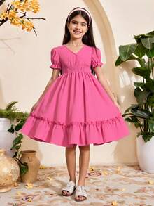 Solid Color V-Neck Short Sleeve Dress For Tween Girls, Summer,Holiday,Summer,Travel - Watermelon Pink - View 3