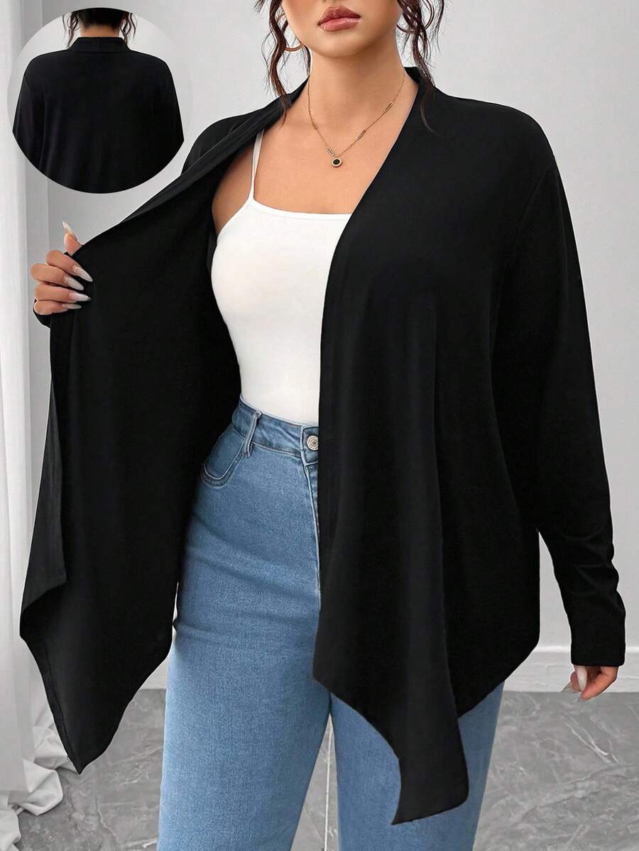 SHEIN CURVE+ Damen Große Größen elegante lässige Strickjacke mit asymmetrischem Saum für Winter, Herbst, Schwarz, für Frauen - Schwarz - Übersicht 1