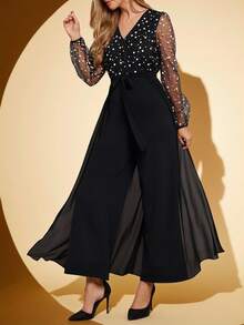 Amorya Bộ đồ liền thân tay phồng lưới cổ chữ V thanh lịch mới dành cho nữ, đa năng để mặc hàng ngày, tiệc trà chiều và nhiều dịp khác nhau - màu đen - Xem 3