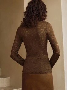 SHEIN LUNE Brown Floral Elegant Knitted Lace Mesh Herbal Embroidery Hollow Out Ribbon Asymmetric Collar Tie Long Sleeve Blouse,Autumn Tea Party Wasteland Style - Chocolate Brown - View 4