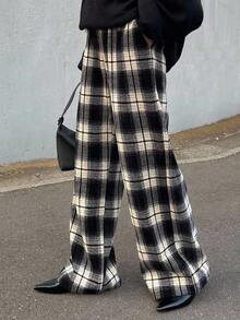 FRIFUL Calça feminina xadrez de pernas largas com forro térmico em cores contrastantes, ideal para o outono e Halloween. Pernas largas e forro térmico para o inverno. - Cinza - Ver 7