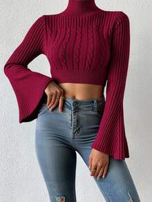 EURMUSE Women's Turtleneck Flare Sleeve Cable Pattern Cropped Fitted Sweater, Autumn/Winter - Burgundy - View 3
