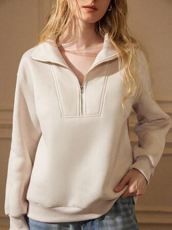 Écloséra French Retro Lapel Zipper Neckline Design Fashionable Autumn And Winter Versatile Women's Sweatshirt Large Lapel Long Sleeve Versatile Loose Women's Sweatshirt Women's Autumn Clothing Outer Wear Women's Casual Sweatshirt Zipper Sweatshirt