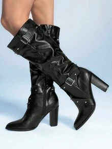 Sugerpunk 2025春秋新款女士尖头粗跟扣铆钉高筒靴，百搭马术风格 - 黑色 - 查看 4