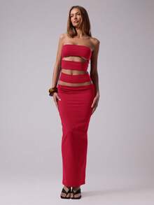 MUSERA 性感镂空修身无肩带长裙，春夏赛马会、度假、复活节、婚礼宾客礼服 - 紅色 - 查看 4