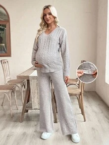 SHEIN 孕妇纯色 V 领落肩麻花针织休闲毛衣套装 - 杏色 - 查看 1