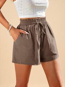 Travachic Quần short mùa xuân cạp chun màu trơn cho nữ, quần short thoải mái cho nữ, quần short thường ngày cho nữ, trang phục nghỉ dưỡng, phong cách thường ngày cho phụ nữ, đi chơi, thanh lịch, cho phụ nữ đi hòa nhạc, năm mới, quần short thường ngày cho nữ, bãi biển mùa hè - Cà phê nâu - Xem 3