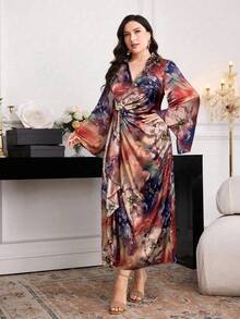 Modelyn 大码女式花卉印花褶饰设计3D花朵装饰长袖优雅连衣裙 - 棕色 - 查看 6