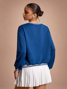 SHEIN Sports Women's Contrast Stripe Letter Embroidery Sweatshirt - Blue - View 4
