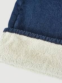 SHEIN 少女秋冬时尚复古做旧基础款简约休闲柔软保暖蓝色牛仔保暖内衬抽绳宽松阔腿牛仔裤，适合秋冬季日常穿着，返校季和圣诞节，街头风，阔腿牛仔裤，Y2K风格 - 深色水洗藍 - 查看 9