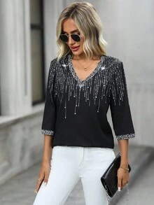 EMERY ROSE Áo cánh tay raglan cổ chữ V, dáng rộng, sáng bóng, thường ngày cho nữ - màu đen - Xem 6